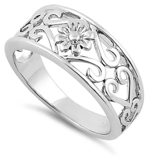 Ladies heart-shaped ring-Sterling Silver Flower & Hearts Ring