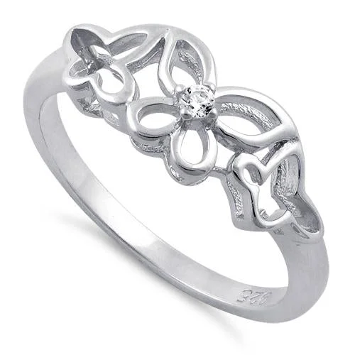 Ladies diamond band ring-Sterling Silver Butterflies Clear CZ Ring