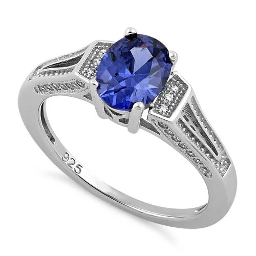 Ladies gold wedding ring-Sterling Silver Elegant Oval Tanzanite CZ Ring