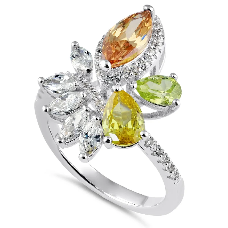 Ladies emerald cut ring-Sterling Silver Champagne Yellow and Apple Green CZ Ring