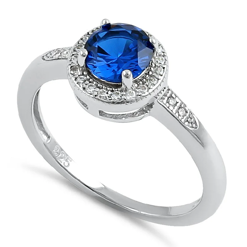 Ladies large diamond ring-Sterling Silver Elegant Round Halo Blue CZ Ring