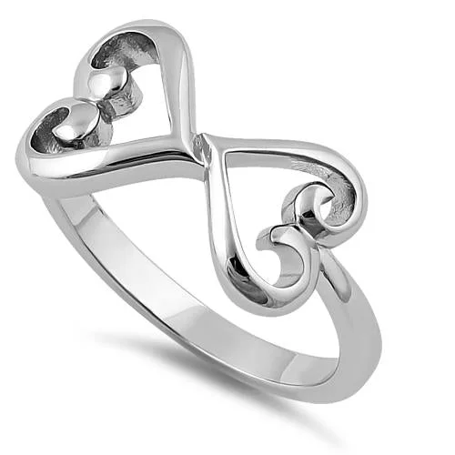 Ladies diamond halo ring-Sterling Silver Dual Curly Hearts Ring