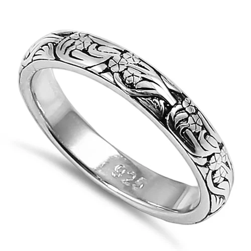 Ladies oval diamond ring-Sterling Silver Bold Flowers & Vines Eternity Ring