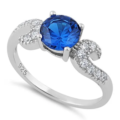 Ladies three-stone engagement ring-Sterling Silver Round Blue Spinel CZ Ring