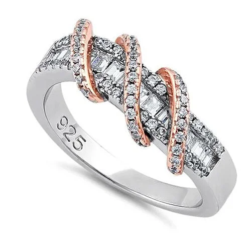 Ladies ring with sapphire stone-Sterling Silver Two Tone Rose Gold Plated Classic Twisted Clear CZ Ring