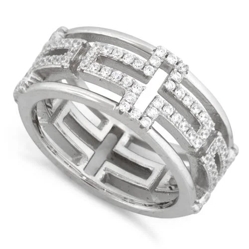 Ladies engraved ring-Sterling Silver Eternity Cross Pave CZ Ring