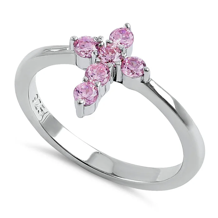 Ladies sapphire ring-Sterling Silver Cross Pink CZ Ring