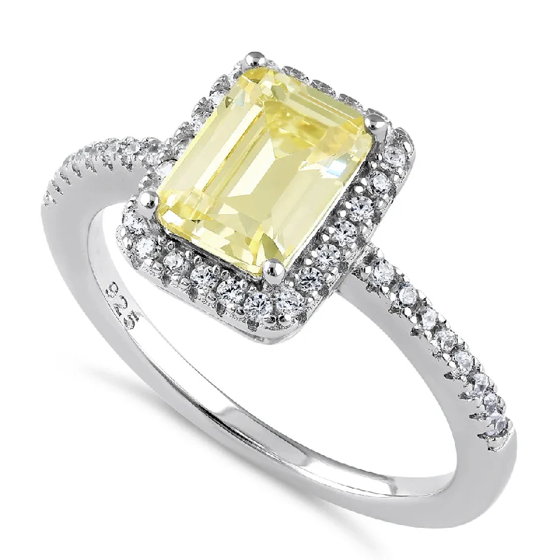 Ladies princess cut ring-Sterling Silver Emerald Halo Yellow and Clear CZ Ring