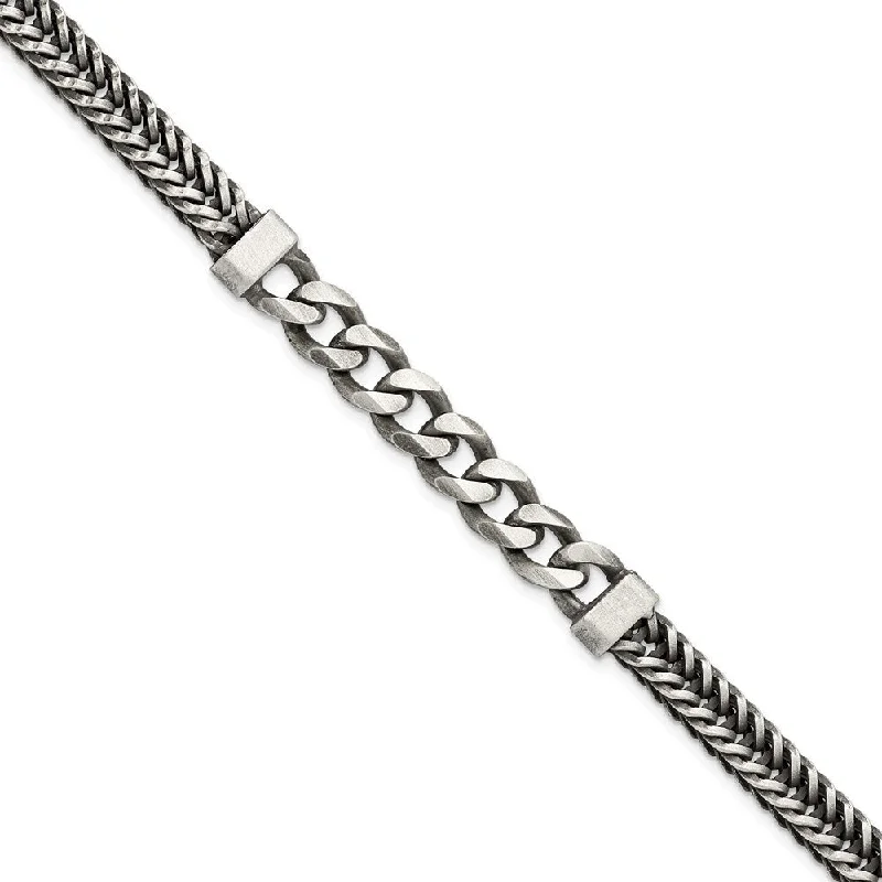 Ladies stackable bangles-925 Sterling Silver Brushed Antiqued Wheat & Curb Chain Bracelet, 8.5" (W-8.9mm)