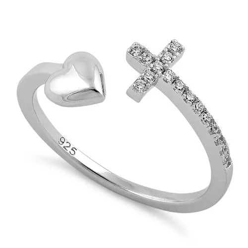 Ladies diamond halo ring-Sterling Silver Heart Cross Clear CZ Ring