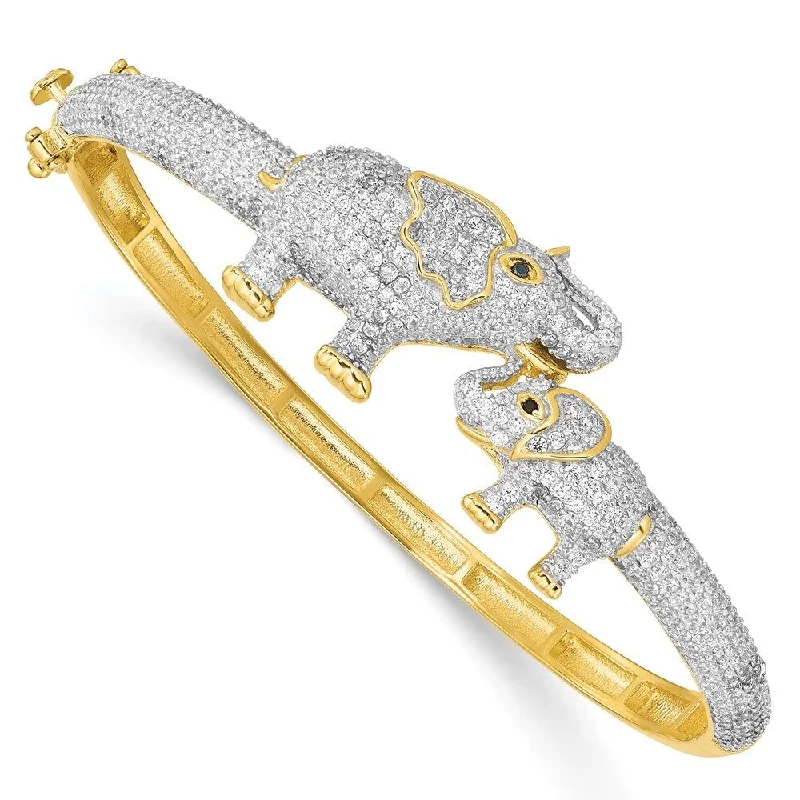 Ladies bridal bracelet-925 Sterling Silver Rhodium-plated Gold Tone Mom and Baby Cubic Zirconia Elephants Hinged Bangle Bracelet (15.88grm)