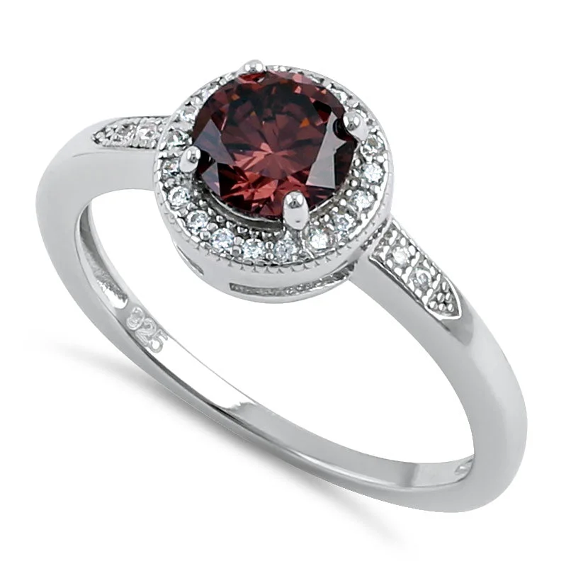 Ladies diamond band ring-Sterling Silver Elegant Round Halo Rhodolite CZ Ring