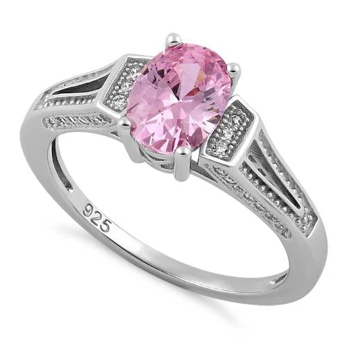 Ladies statement ring-Sterling Silver Elegant Oval Pink CZ Ring