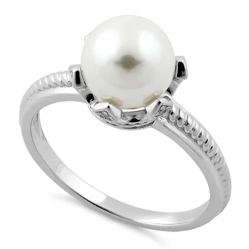 Ladies classic wedding ring-Sterling Silver King Crown Synthetic Pearl CZ Ring