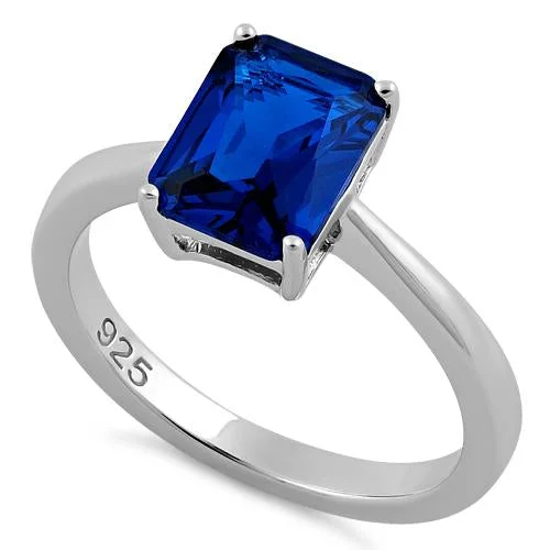 Ladies gold eternity ring-Sterling Silver Solitaire Emerald Cut Blue Spinel CZ Ring