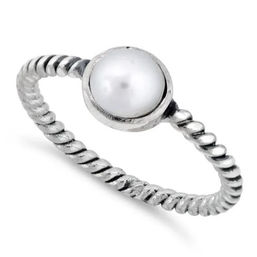 Ladies black sapphire ring-Sterling Silver Synthetic Pearl Rope Ring