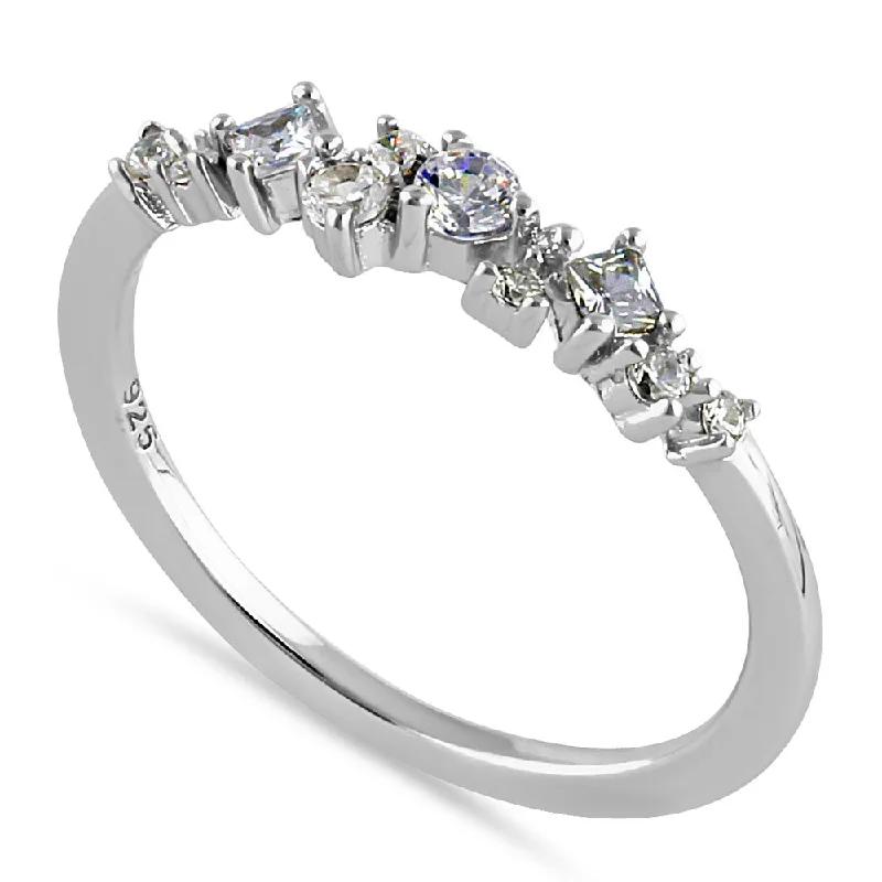 Ladies diamond wedding band-Sterling Silver Half Eternity Mini Cluster Round and Square Cut Clear CZ Ring