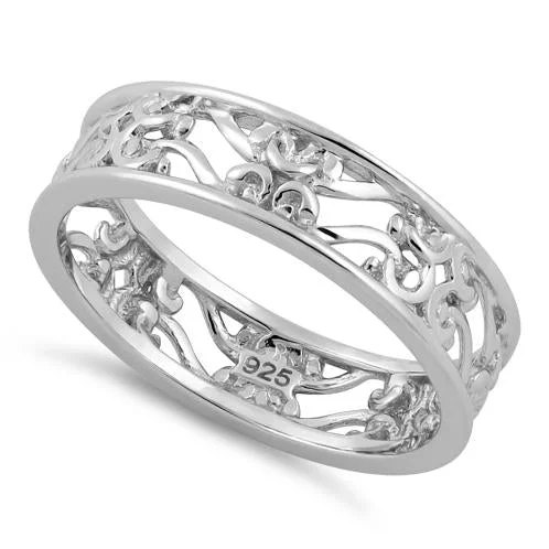 Ladies cushion cut diamond ring-Sterling Silver Swirl Floral Band Ring