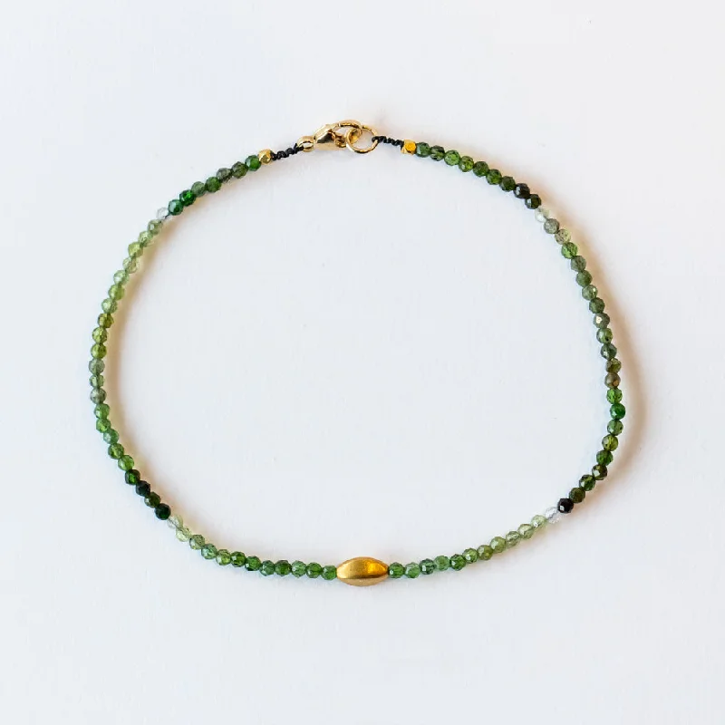 Ladies rose gold bangle bracelet-Margaret Solow | Light and Dark Green Tourmaline Bracelet with Gold Bead