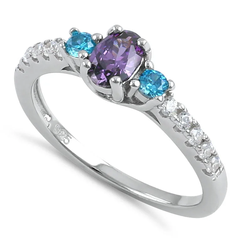 Ladies engraved ring-Sterling Silver Enchanted Oval Amethyst and Blue Topaz CZ Ring