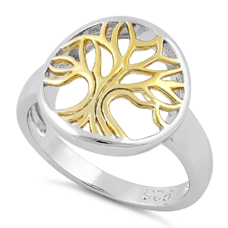 Ladies luxury gold ring-Sterling Silver Yellow Gold Plated Tree of Life Ring