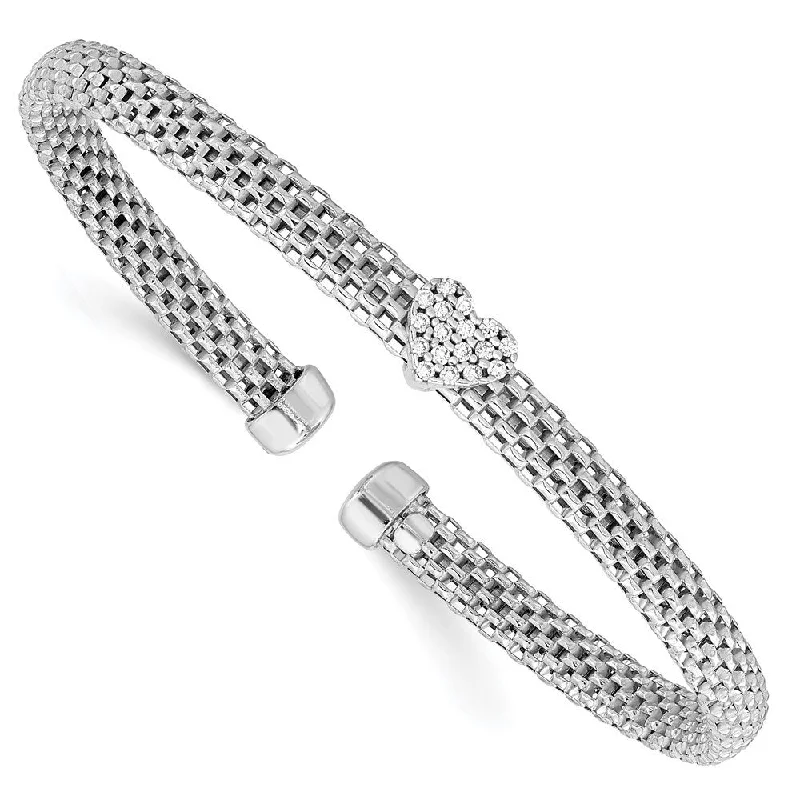 Ladies infinity bangle-925 Sterling Silver Rhodium-plated Cubic Zirconia Heart Mesh Cuff Bangle Bracelet (4.41grm)