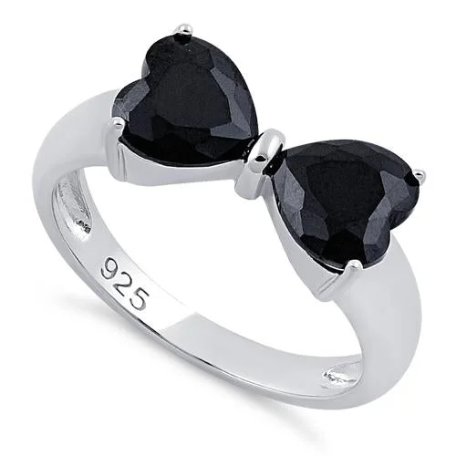 Ladies classic wedding ring-Sterling Silver Bow Heart Cut Black CZ Ring