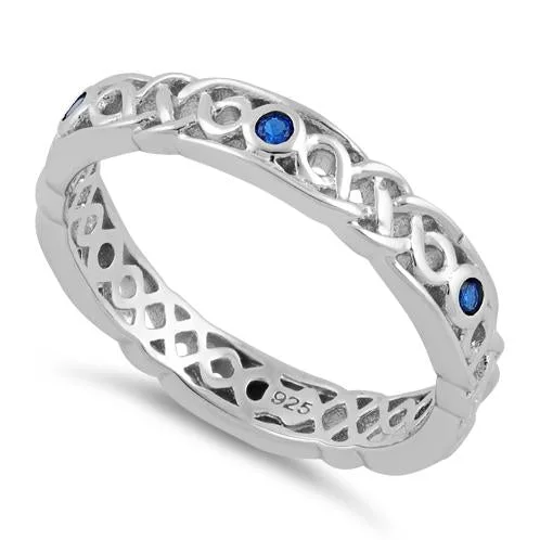 Ladies fashion statement ring-Sterling Silver Braided Eternity Blue Spinel CZ Ring