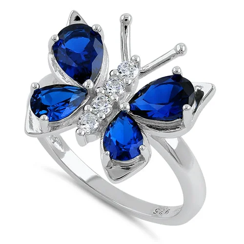 Ladies adjustable gemstone ring-Sterling Silver Large Blue Spinel CZ Butterfly Ring