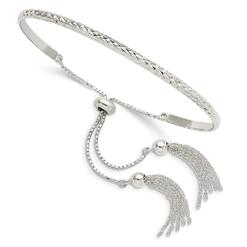 Ladies gold stackable bracelet-925 Sterling Silver Diamond Cut tassels Adjustable Bangle Bracelet (6.67grm)