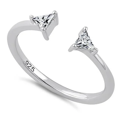 Ladies solitaire ring-Sterling Silver Double Triangle Cut Clear CZ Ring