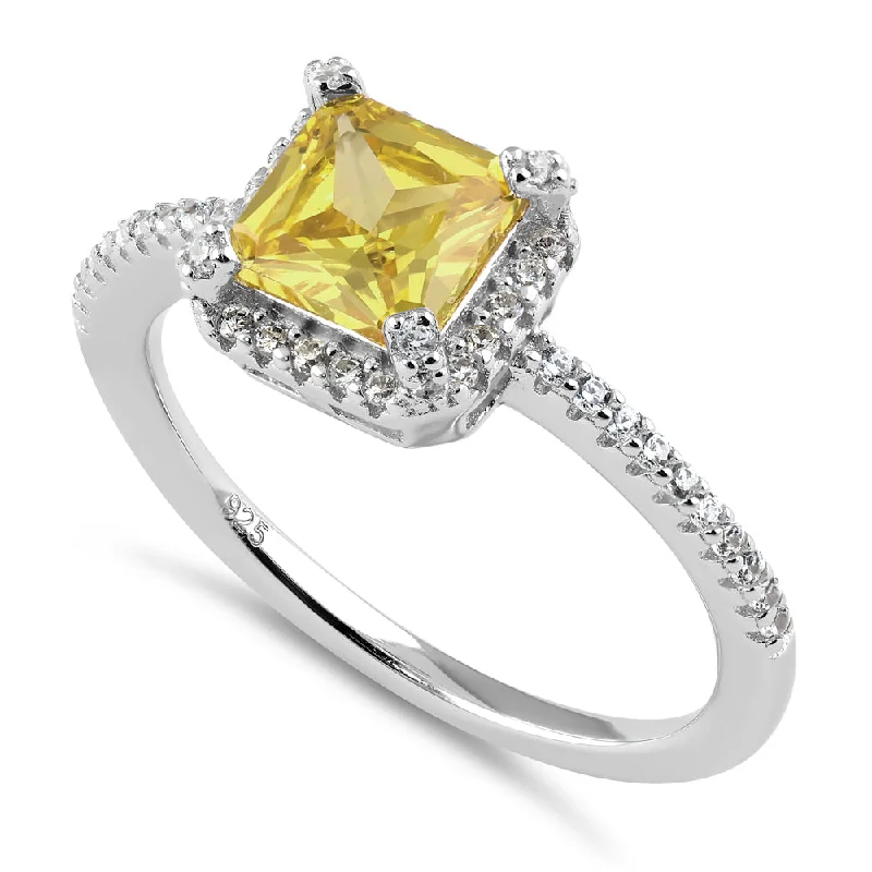 Ladies infinity ring-Sterling Silver Classic Princess Cut Halo Yellow CZ Ring