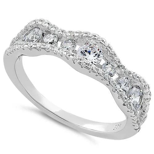 Ladies custom design ring-Sterling Silver Cascading Wave Round Cut Clear CZ Ring