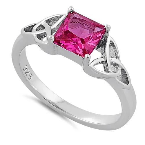 Ladies modern ring-Sterling Silver Celtic Pink Princess Cut CZ Ring