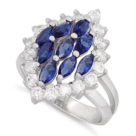 Ladies diamond band ring-Sterling Silver Elegant Blue Sapphire Marquise Cut CZ Ring