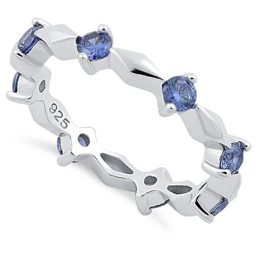 Ladies gemstone wedding ring-Sterling Silver Round Cut Eternity Tanzanite CZ Ring