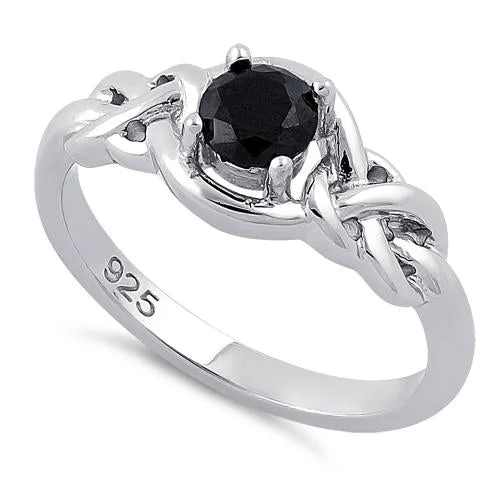 Ladies antique ring-Sterling Silver Knot Frame Round Cut Black CZ Ring