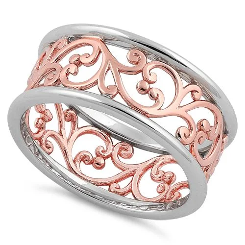 Ladies unique design ring-Sterling Silver Two Tone Rose Gold Plated Vines Band Ring