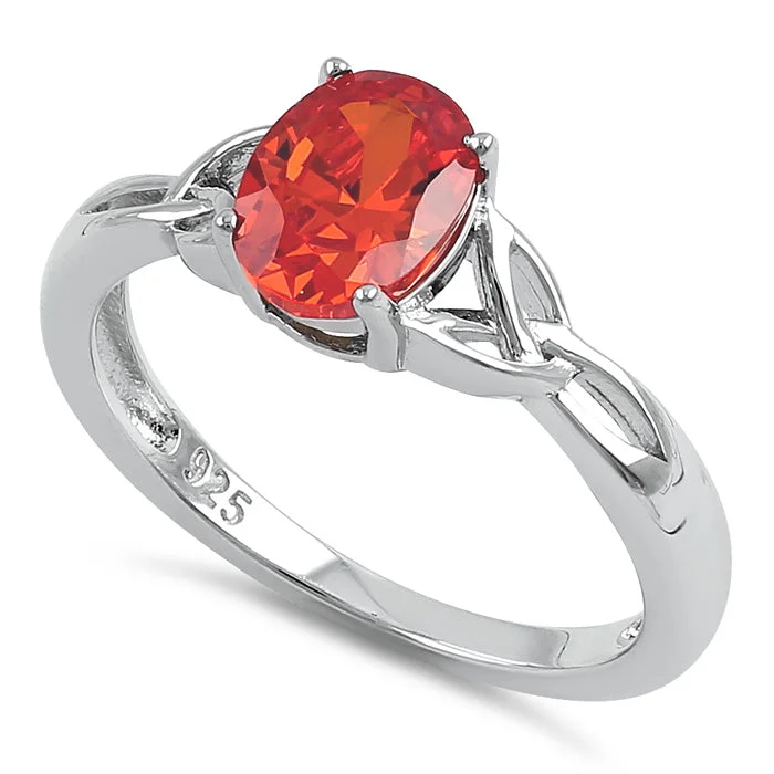 Ladies luxury gold ring-Sterling Silver Charmed Oval Red Orange CZ Ring