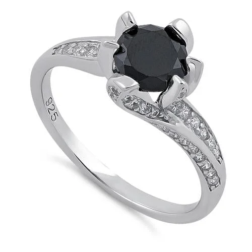 Ladies twist design ring-Sterling Silver Round Cut Black & Clear CZ Ring