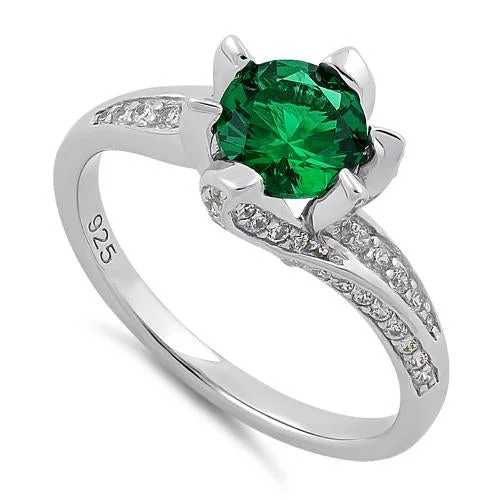 Ladies engagement ring with side stones-Sterling Silver Round Cut Emerald & Clear CZ Ring