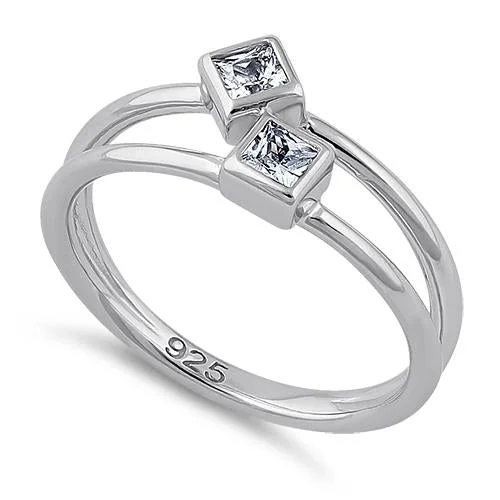 Ladies sapphire ring-Sterling Silver Double Princess Cut Clear CZ Ring