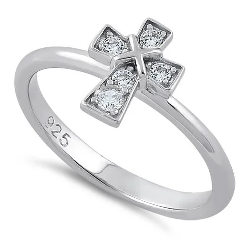 Ladies ring with sapphire stone-Sterling Silver Cross Clear CZ Ring