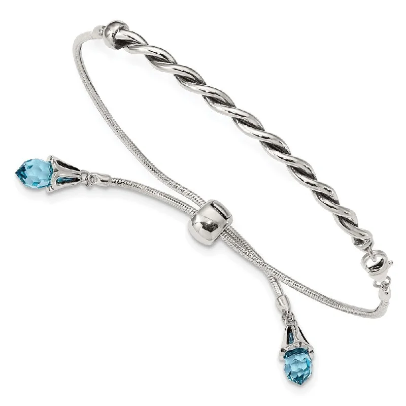 Ladies personalized bangle bracelet-925 Sterling Silver Reflections Blue Crystal Adjustable Bracelet, 9"