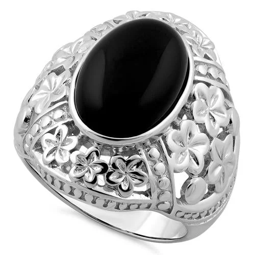 Ladies statement gemstone ring-Sterling Silver Plumeria Black Agate Ring