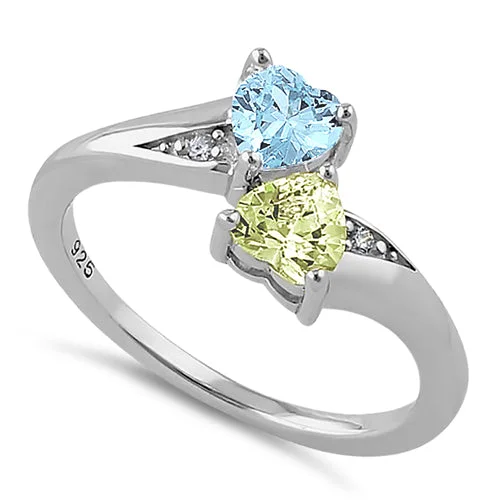 Ladies custom engagement ring-Sterling Silver Double Heart Apple Green & Aquamarine CZ Ring