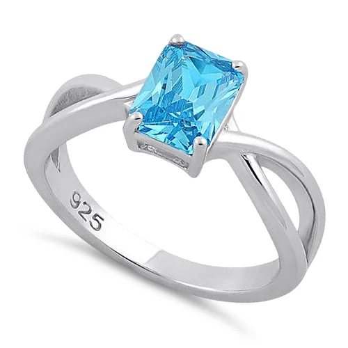 Ladies luxury diamond ring-Sterling Silver Twist Emerald Cut Aqua Blue CZ Ring