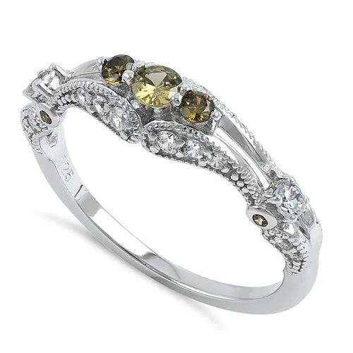 Ladies three-stone engagement ring-Sterling Silver Filigree Peridot CZ Ring