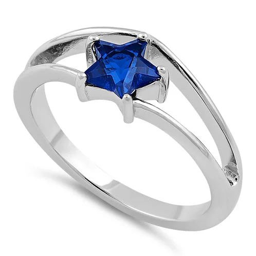 Ladies double halo engagement ring-Sterling Silver Blue Sapphire Star Cut CZ Ring