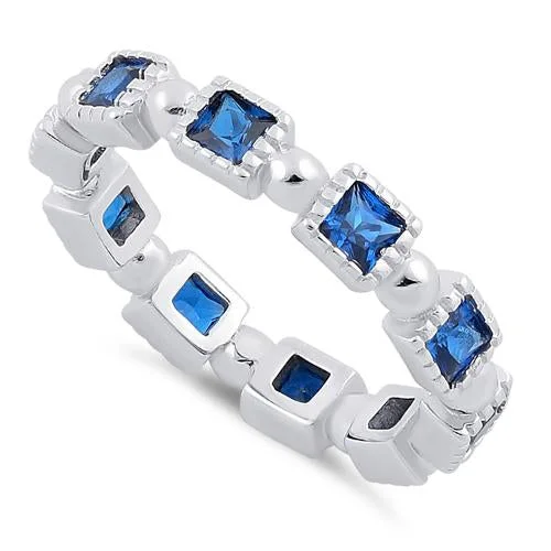 Ladies luxury rose gold ring-Sterling Silver Princess Cut Blue Spinel Eternity CZ Ring